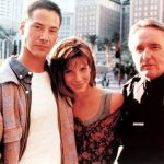 Keanu Reeves, Sandra Bullock, and Dennis Hopper on the set of “Speed”, 1993
